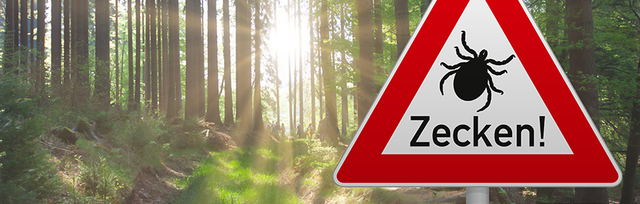 Warnschild im Wald: Aufenthalte in der Natur erhöhen das Risiko für durch Zecken übertragene Krankheiten.